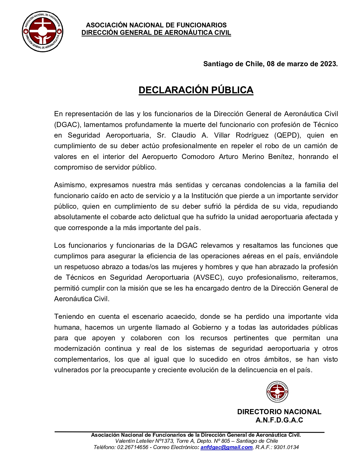 Declaración Pública sobre el fallecimiento en acto de servicio del funcionario AVSEC DGAC_page-0001 (1)